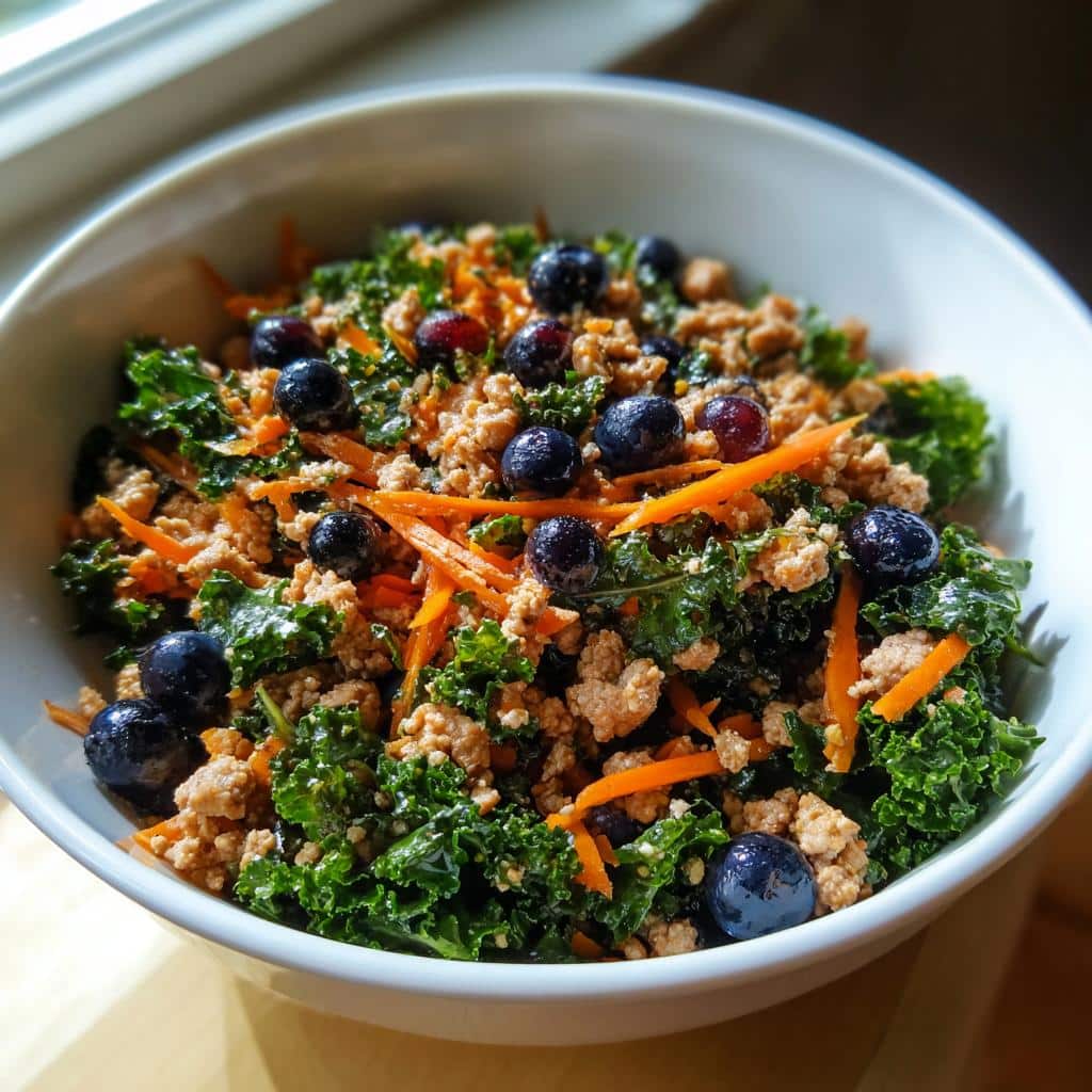 A bowl of Raw Turkey & Kale Dog Recipe with blueberries and carrots, ready to serve to your happy pup.