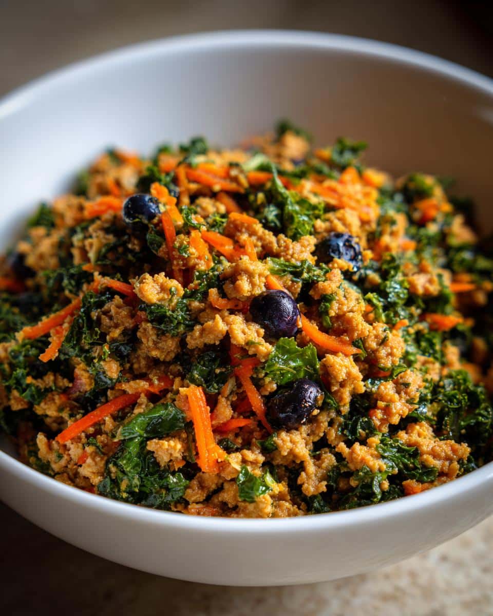A bowl filled with Raw Turkey & Kale Dog Recipe, featuring ground turkey, kale, carrots, and blueberries.