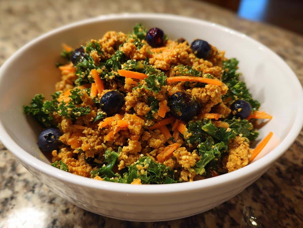 Bowl of Raw Turkey & Kale Dog Recipe with blueberries and carrots. A healthy meal for your pup!