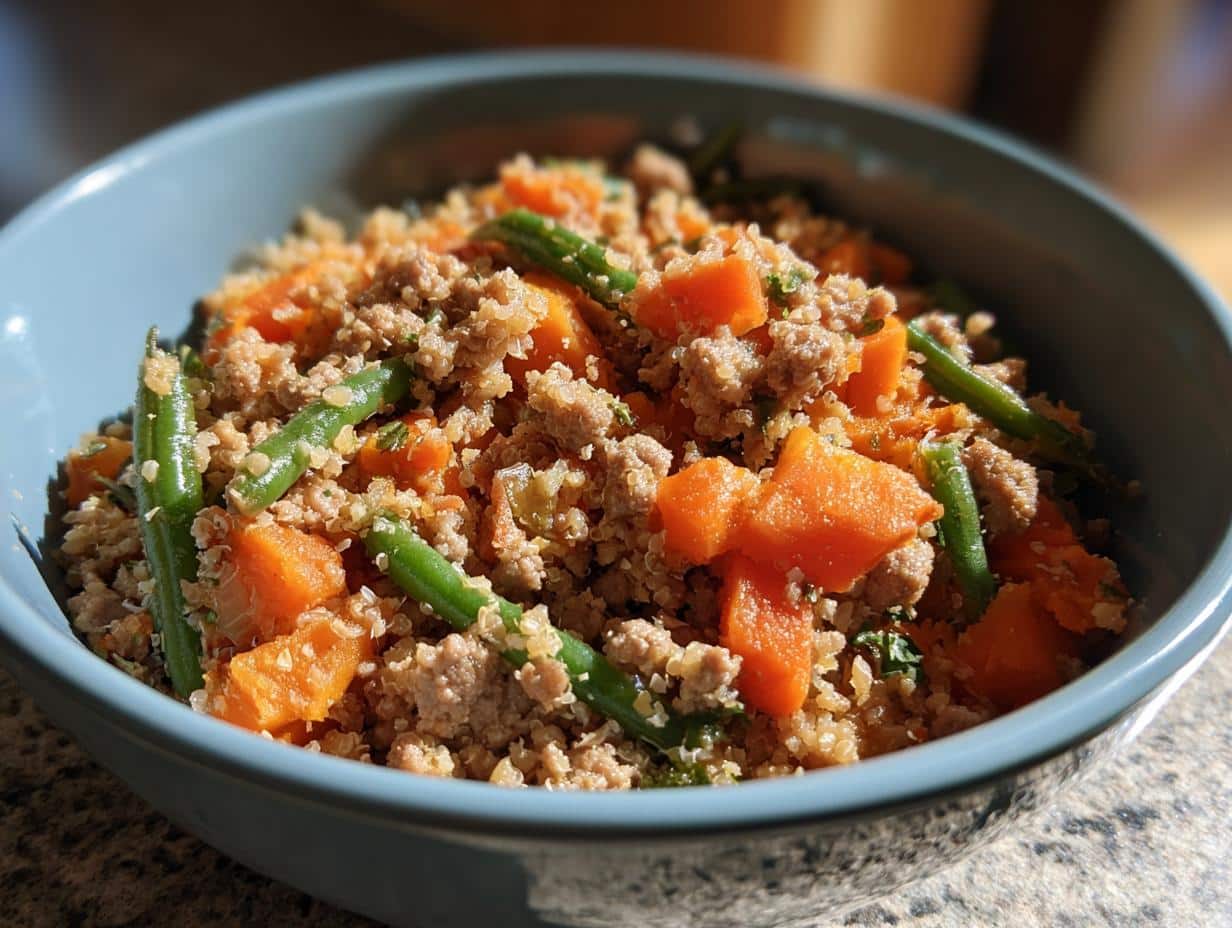 A bowl of Raw Turkey & Sweet Potato Meal for Dogs, featuring turkey, sweet potato, and green beans.
