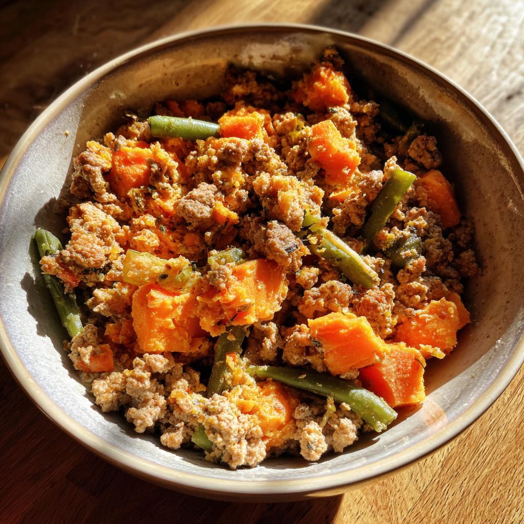Bowl of Raw Turkey & Sweet Potato Meal for Dogs, featuring turkey, sweet potato chunks, and green beans.