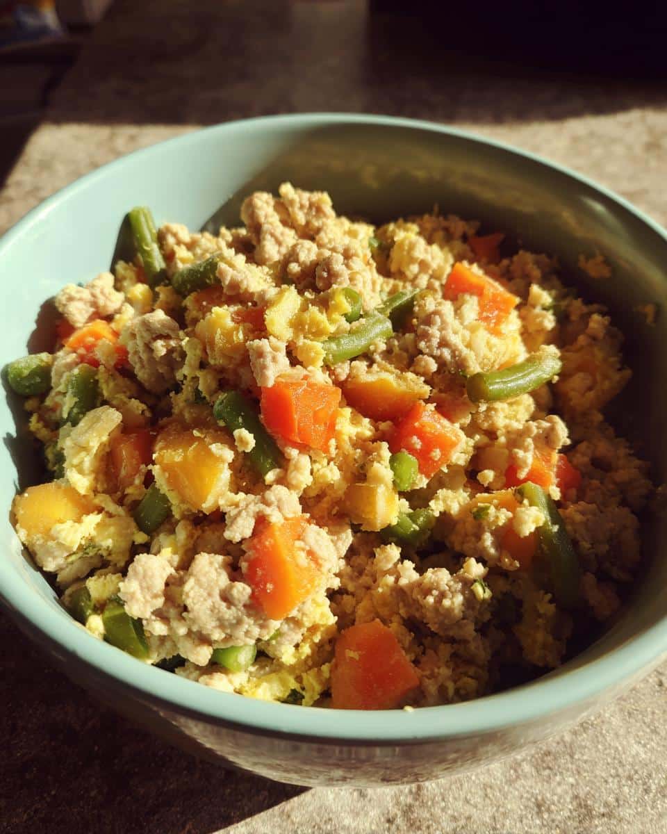 A bowl filled with Raw Turkey & Sweet Potato Meal for Dogs, featuring turkey, sweet potato, carrots, and green beans.