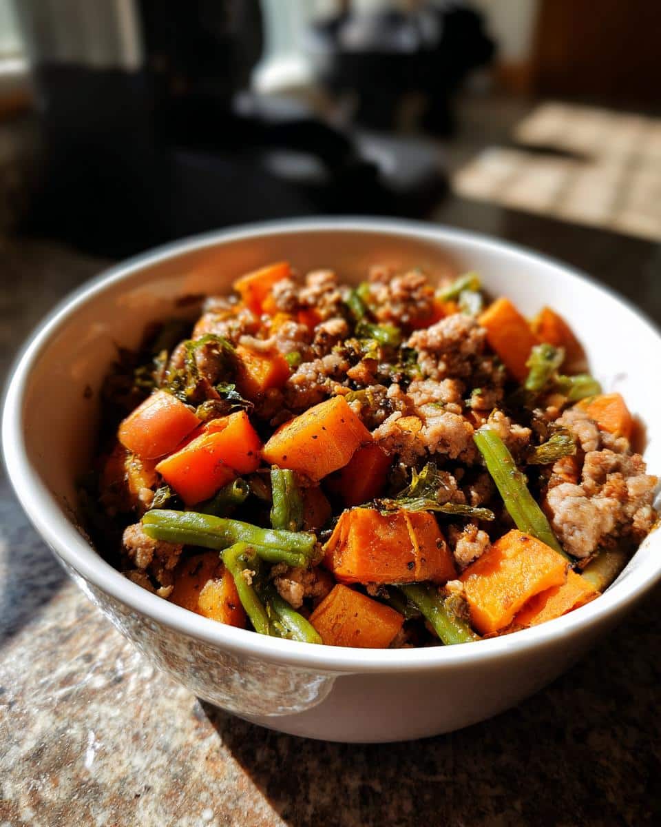 Bowl of Raw Turkey & Sweet Potato Meal for Dogs with green beans and other greens.