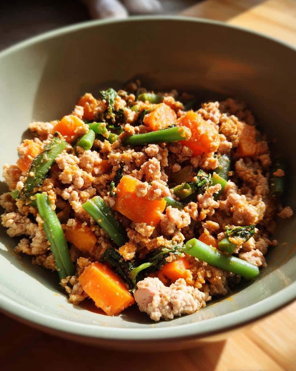 A bowl of Raw Turkey & Sweet Potato Meal for Dogs, featuring turkey, sweet potato, green beans, and greens.