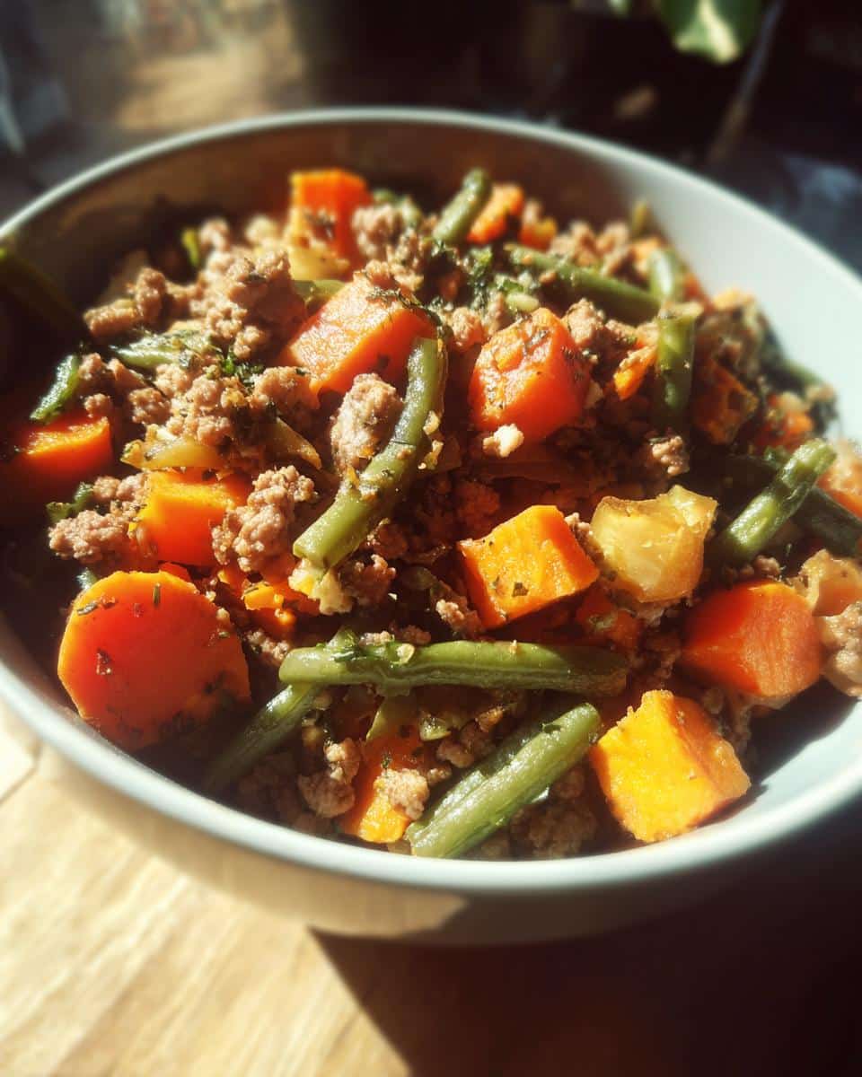 Bowl of Raw Turkey & Sweet Potato Meal for Dogs, featuring turkey, sweet potato, and green beans.