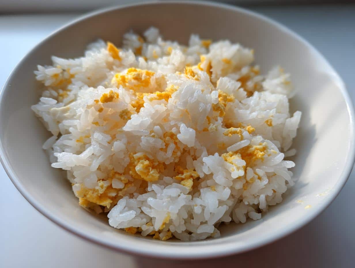 Bowl of Easy Rice & Egg Meal for Tiny Pups. Simple, nutritious food for small dogs.