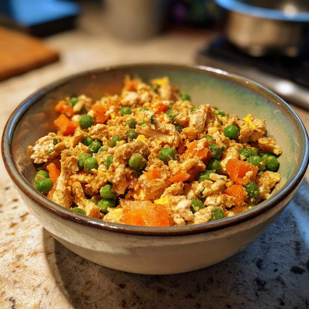 A bowl of Rice-Free Chicken & Egg Dog Food with chicken, eggs, carrots, and peas.