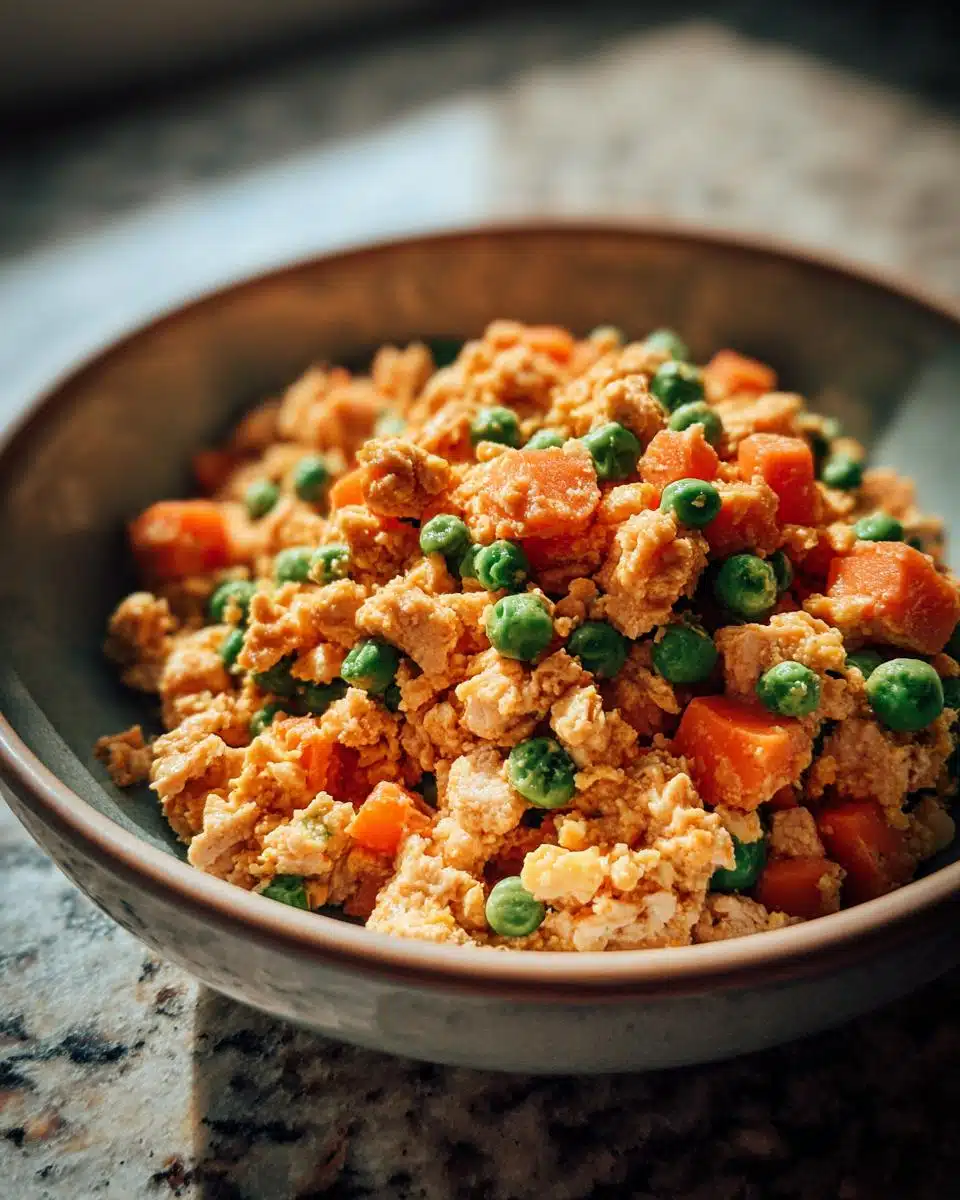 A bowl of Rice-Free Chicken & Egg Dog Food with peas and carrots, ready to serve.