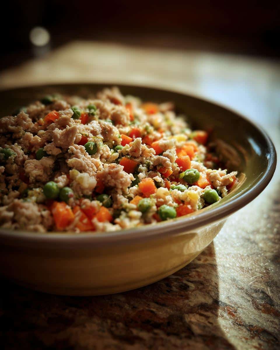 Bowl of Rice-Free Chicken & Egg Dog Food with peas and carrots. Nutritious meal for dogs.