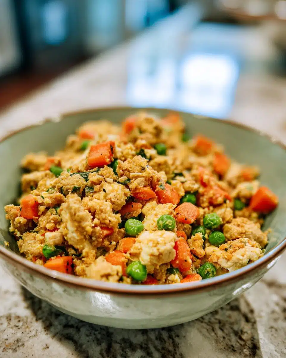 A bowl of Rice-Free Chicken & Egg Dog Food, featuring chicken, egg, carrots, and peas.