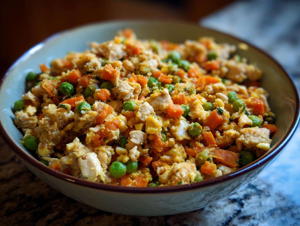 A bowl of Rice-Free Chicken & Egg Dog Food with visible chicken, egg, carrots, and peas.