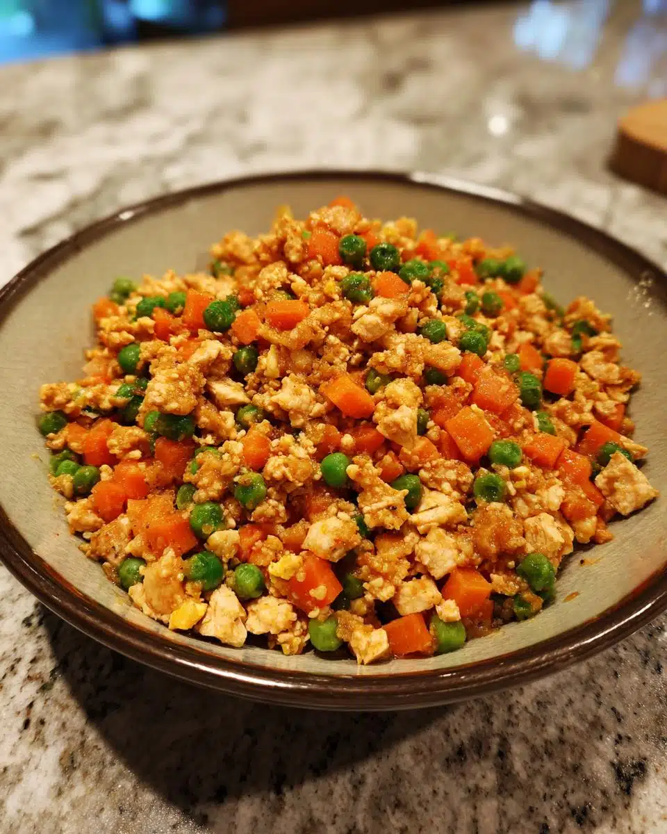 A bowl of homemade Rice-Free Chicken & Egg Dog Food with chicken, carrots, peas, and egg.