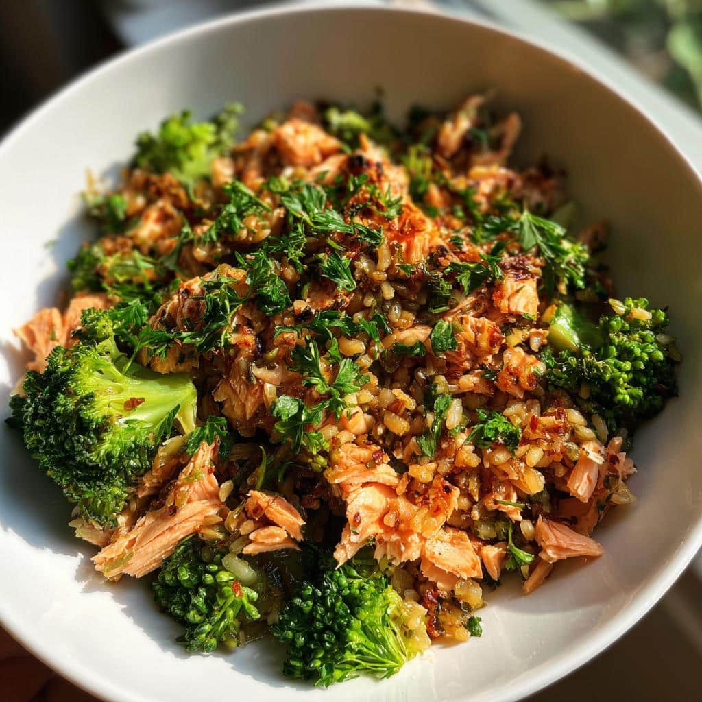 A bowl of Simple Salmon & Broccoli Dog Food, garnished with fresh parsley.