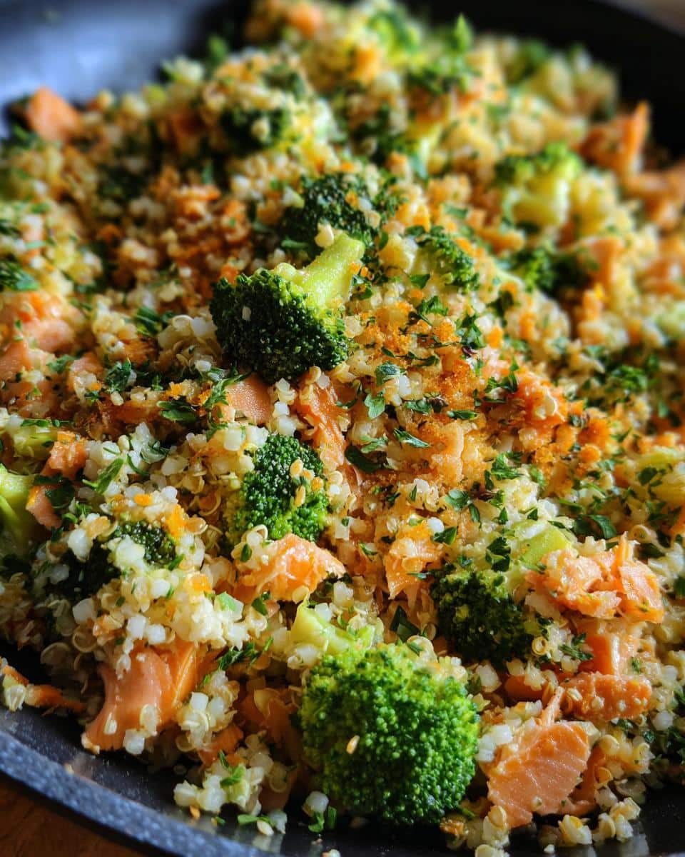 Close-up of Simple Salmon & Broccoli Dog Food, showing salmon pieces, broccoli florets, and other ingredients.