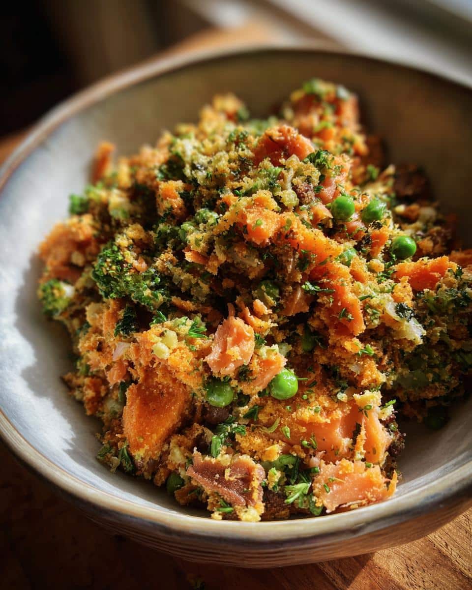 Bowl of Salmon & Broccoli Heart-Healthy Dog Food, featuring salmon, broccoli, peas, and herbs.