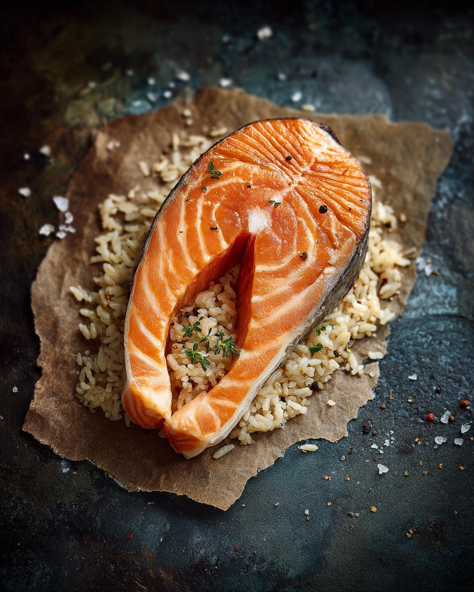 Preparing Salmon & Brown Rice Nutritious Dog Dinner. Fresh salmon steak on brown rice with herbs.