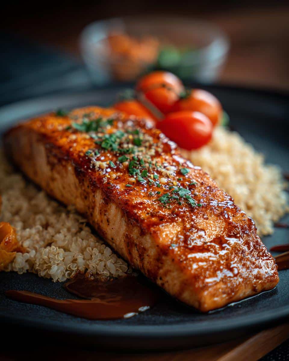 A delicious plate of Salmon & Brown Rice Nutritious Dog Dinner, garnished with parsley and tomatoes.