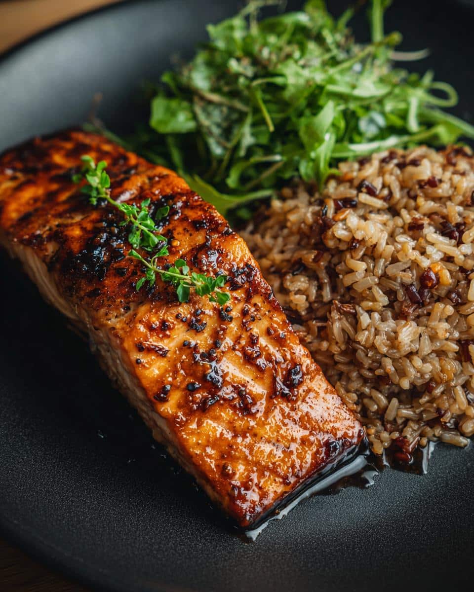 A plate of Salmon & Brown Rice Nutritious Dog Dinner, featuring a salmon fillet, brown rice, and greens.
