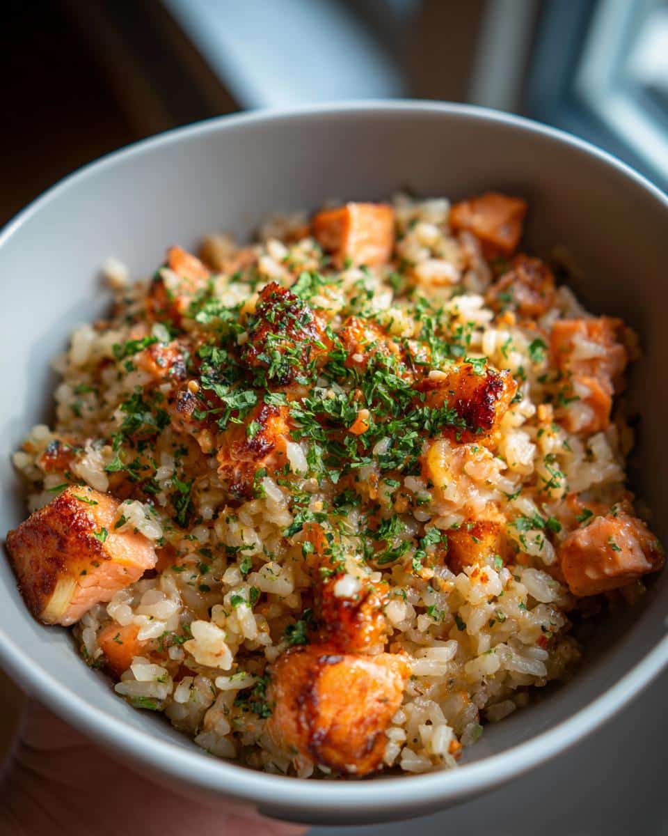 Bowl of Favorite Salmon & Brown Rice Dog Meal, garnished with parsley. Healthy homemade dog food.