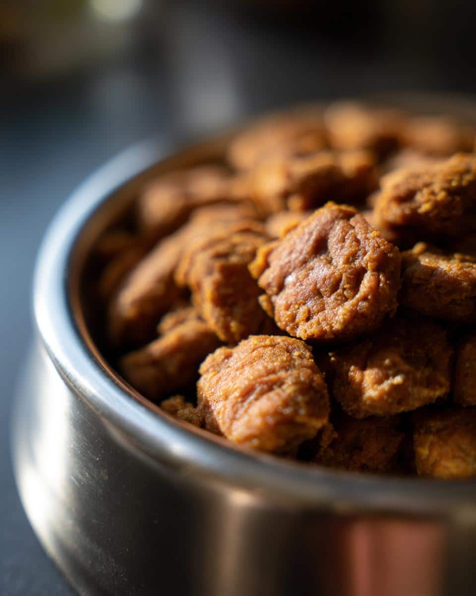 Close-up of salmon and brown rice dog meal bites in a stainless steel bowl.