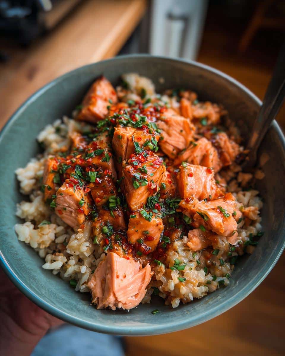 Bowl of Favorite Salmon & Brown Rice Dog Meal, topped with herbs and sauce.