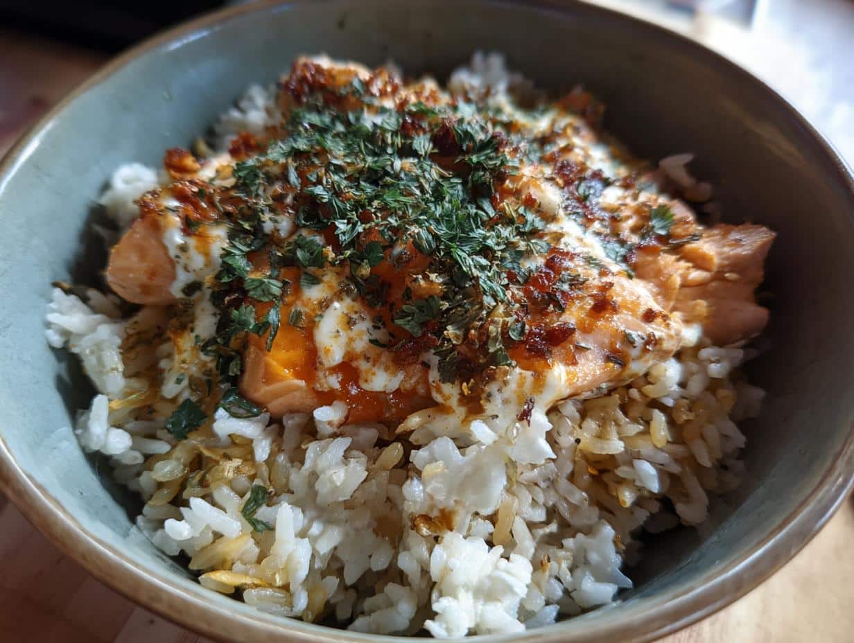 A bowl of Favorite Salmon & Brown Rice Dog Meal, topped with herbs and a creamy sauce.