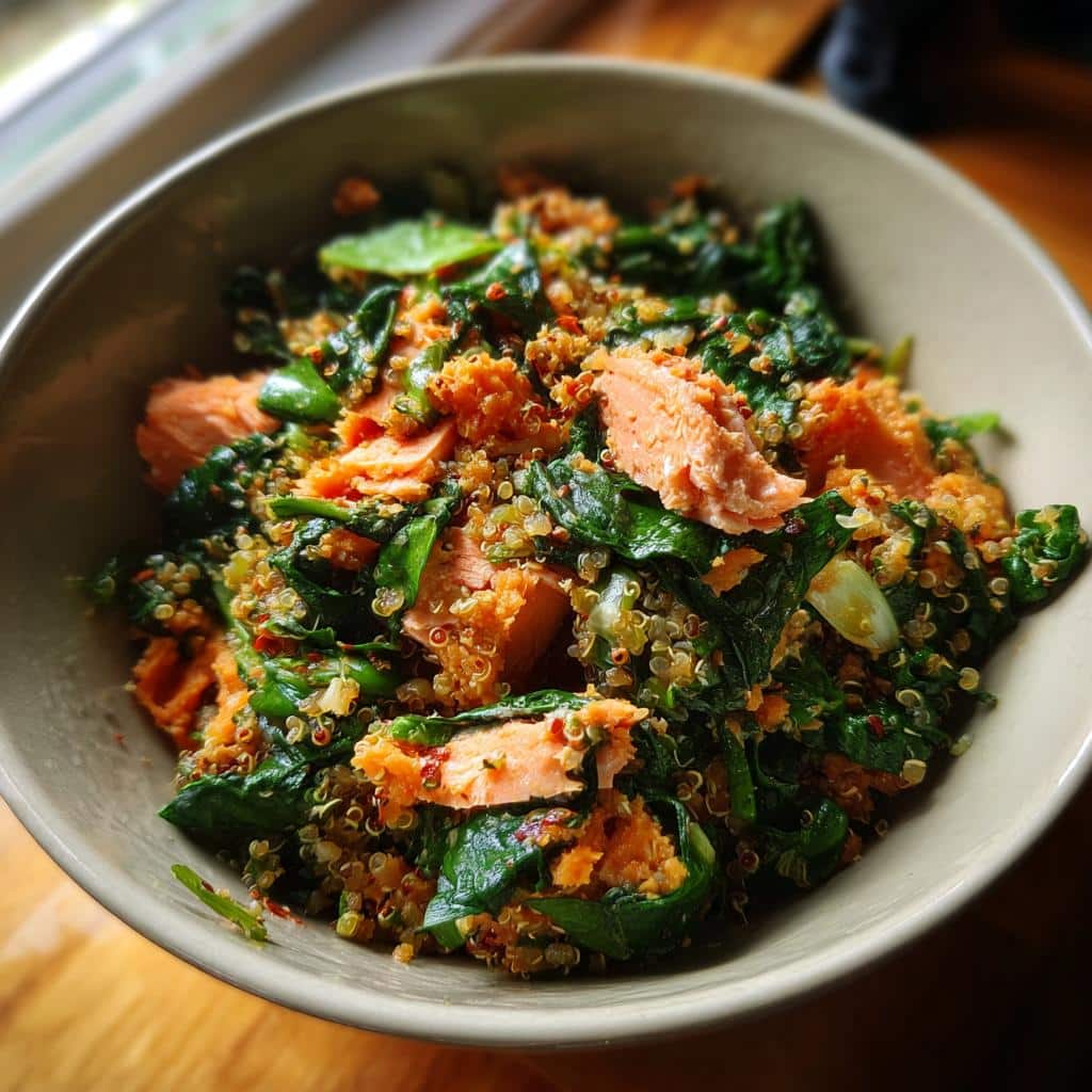 A bowl of Salmon & Brown Rice Balanced Dog Recipe with spinach, and other healthy ingredients.