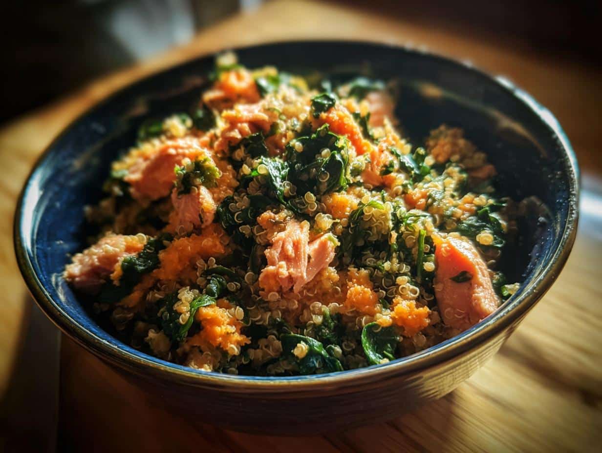 A bowl of Salmon & Brown Rice Balanced Dog Recipe with salmon, rice, and greens.