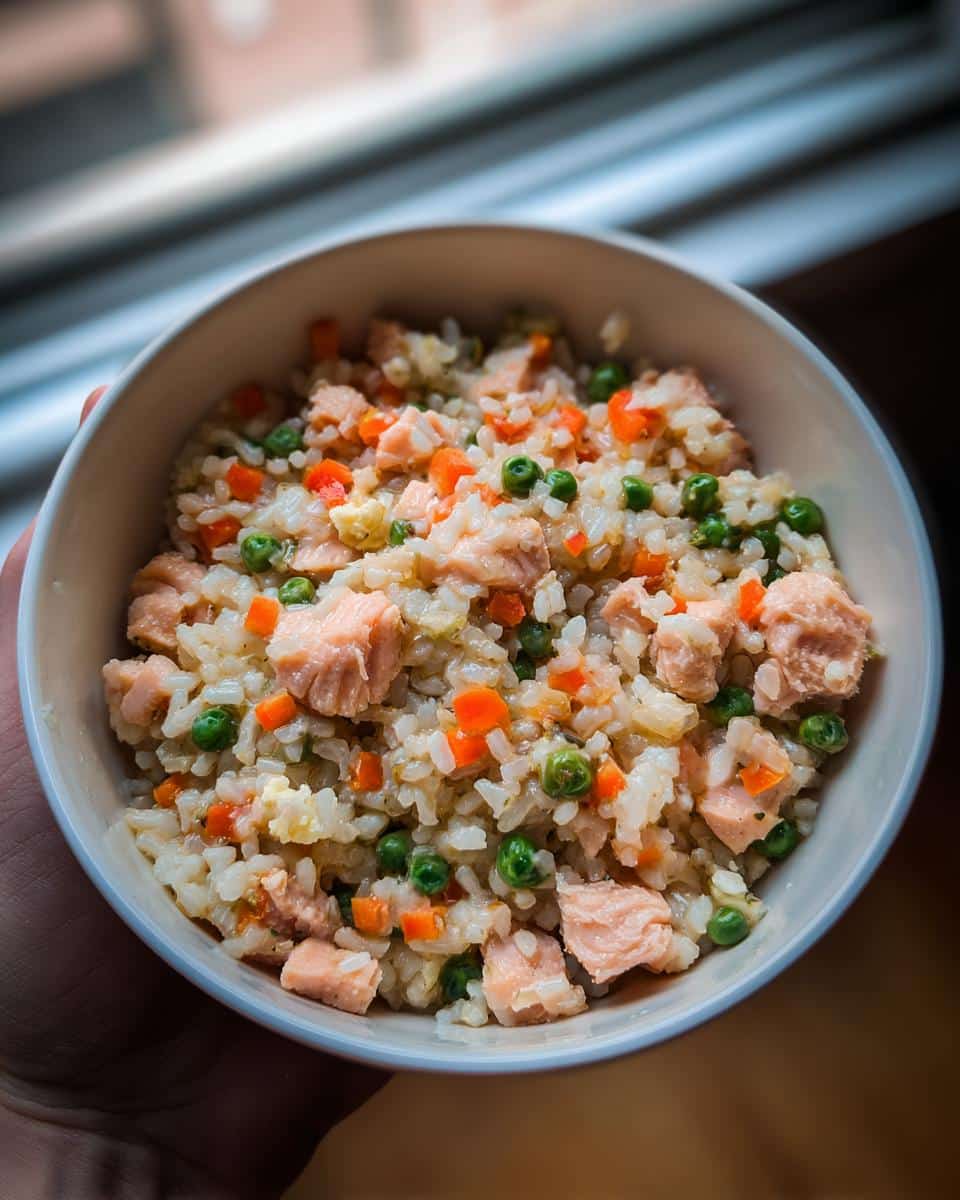 Bowl of Salmon & Brown Rice Balanced Dog Recipe with salmon chunks, rice, peas, and carrots.