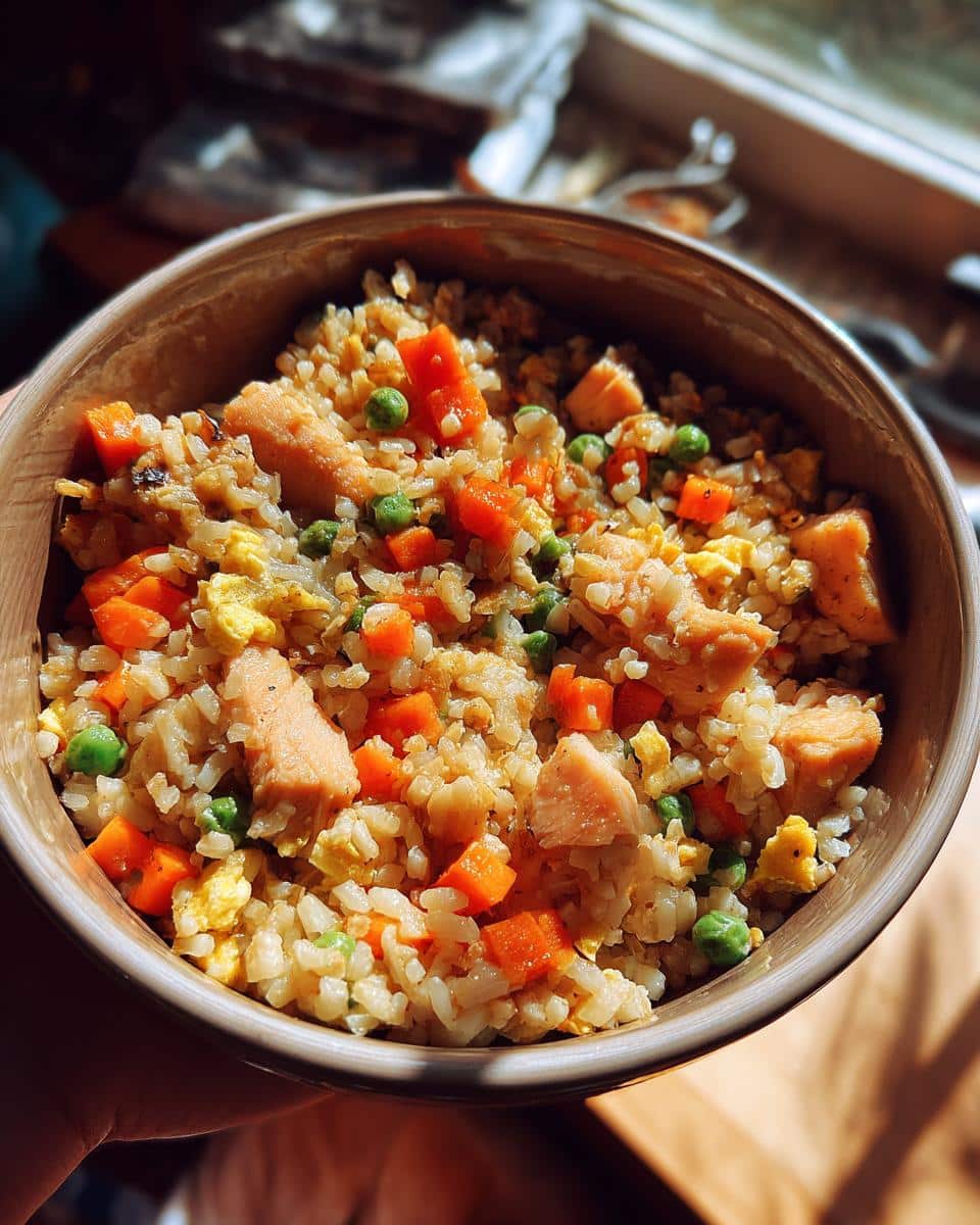 Bowl of Salmon & Brown Rice Balanced Dog Recipe with salmon, rice, carrots, peas, and egg.