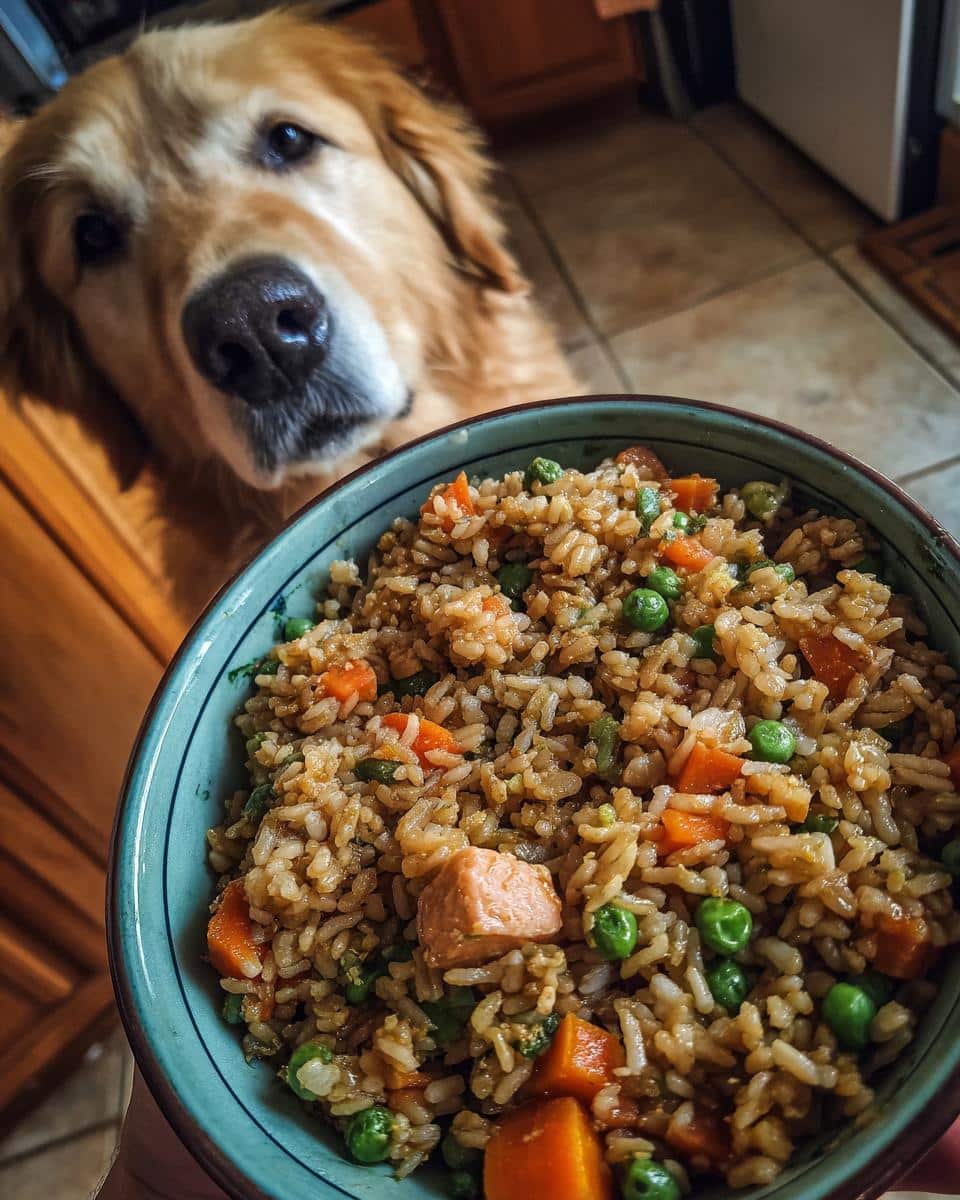 Golden retriever looking longingly at a bowl of Salmon & Brown Rice Balanced Dog Recipe. Contains salmon, rice, peas, and carrots.