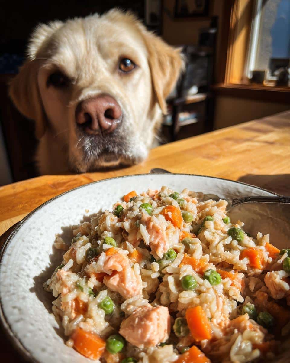 A bowl of Salmon & Brown Rice Balanced Dog Recipe with a golden retriever looking longingly at it.