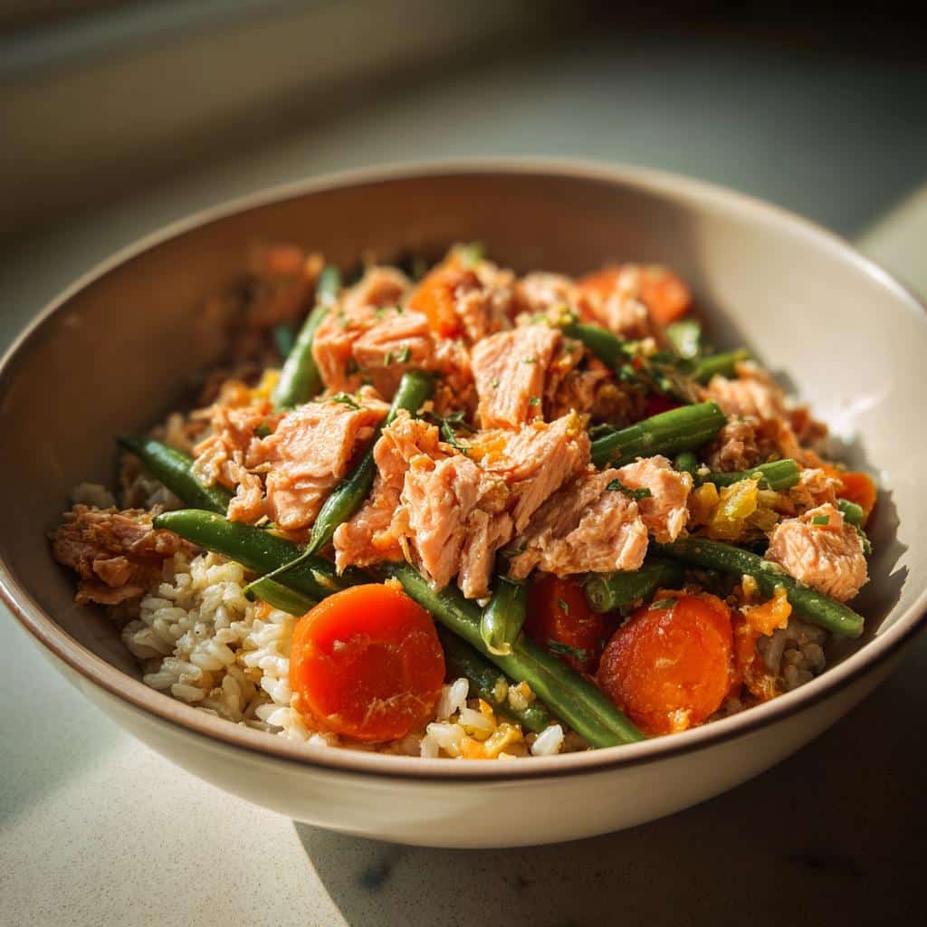 A bowl of Easy Salmon & Green Bean Dog Food, featuring salmon, green beans, carrots, and rice.