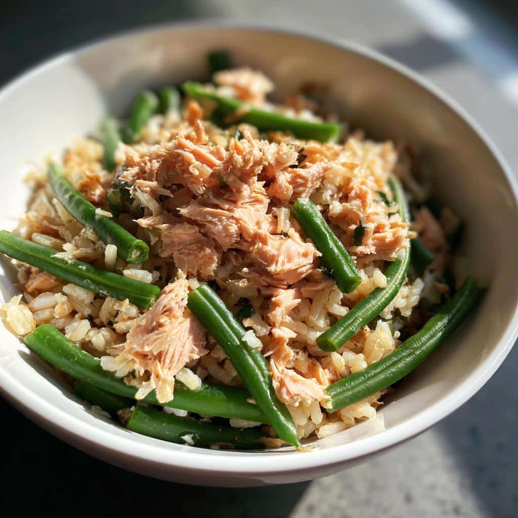 Bowl of Easy Salmon & Green Bean Dog Food, featuring flaked salmon, green beans, and rice.