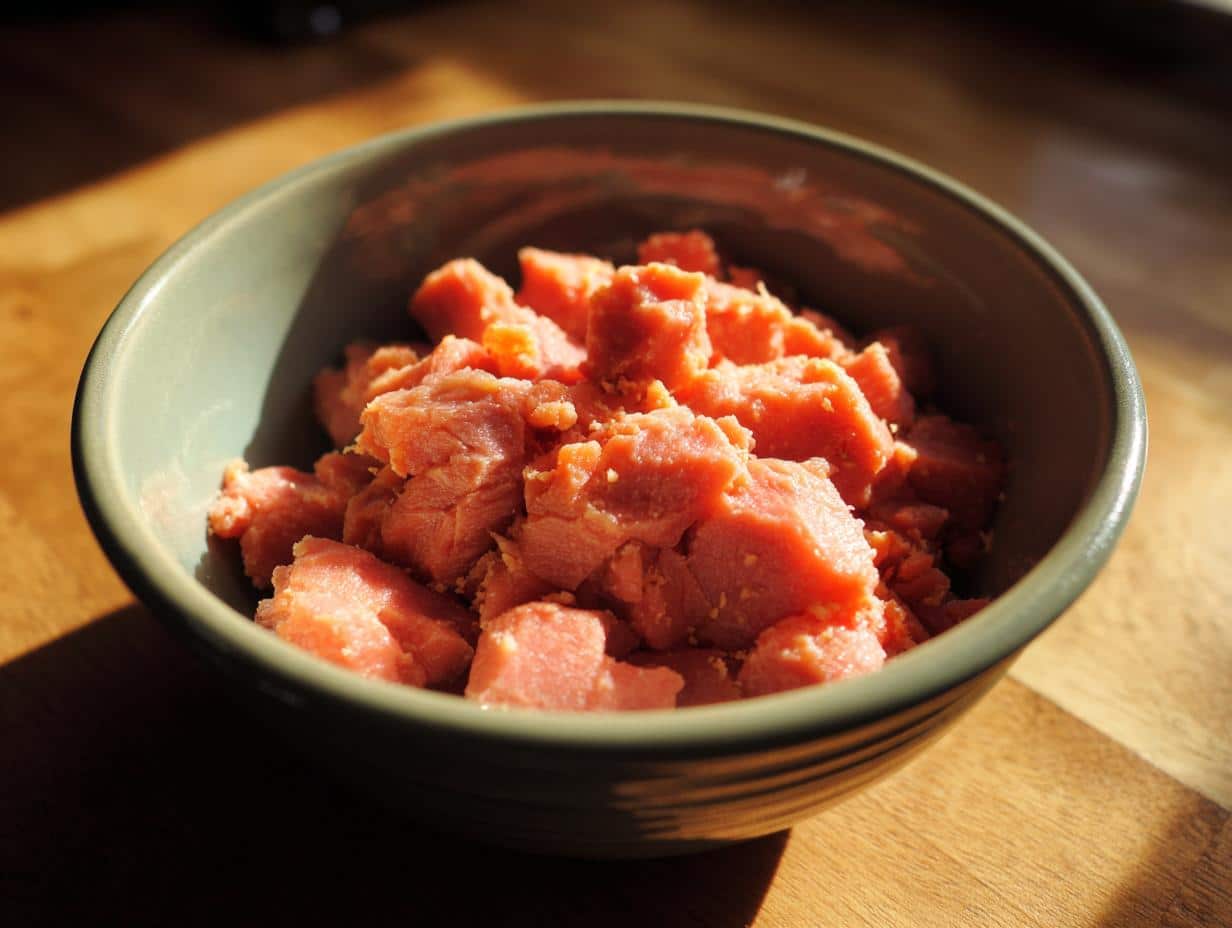 Bowl of diced salmon, ready for a Salmon & Oat Recipe for Small Dogs.
