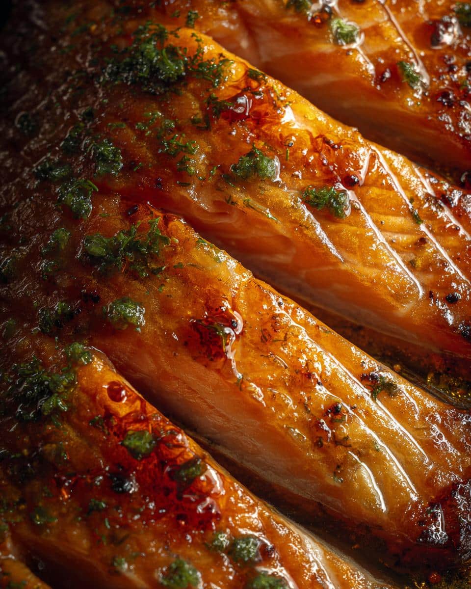 Close-up of cooked salmon, part of the Ultimate Salmon & Oats Dog Meal recipe. Topped with herbs.