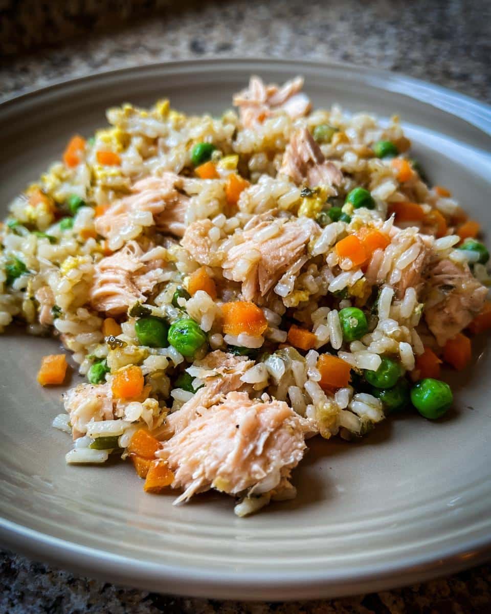 A plate of Salmon, Peas & Carrot Dog Food, showcasing the ingredients.