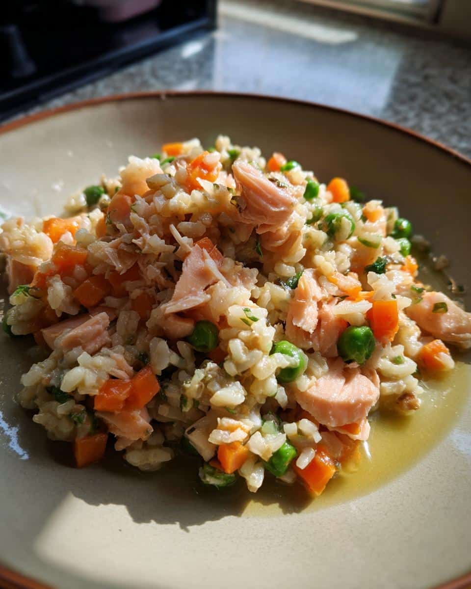 A bowl of Salmon, Peas & Carrot Dog Food, showing chunks of salmon, diced carrots, and peas mixed with rice.