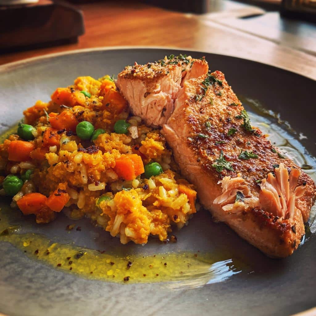 A plate of Salmon, Peas & Carrot Dog Food, featuring a salmon fillet and a rice mix with peas and carrots.
