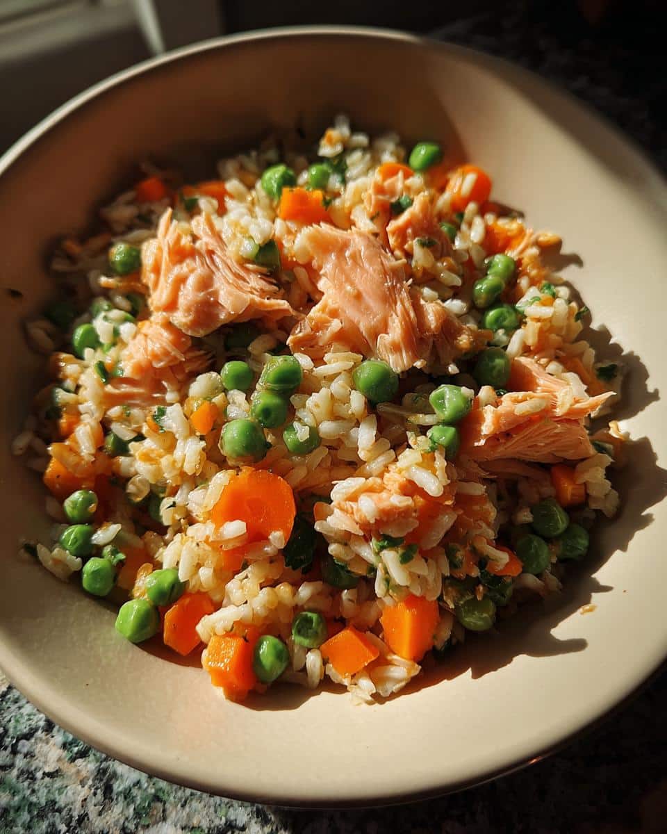 Bowl of Salmon, Peas & Carrot Dog Food. Nutritious meal for a shiny coat.