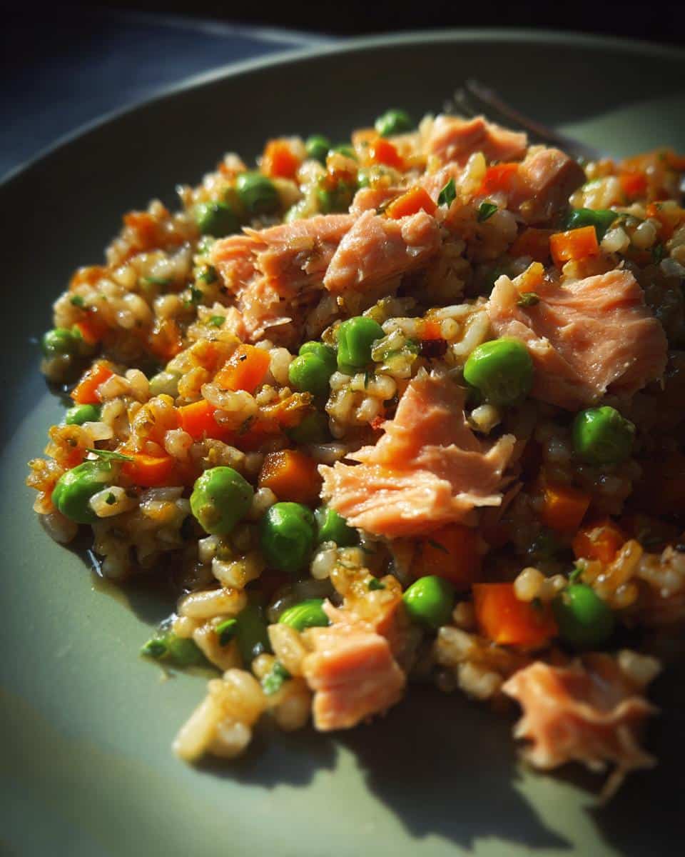 A plate of Salmon, Peas & Carrot Dog Food, featuring flaked salmon, green peas, and diced carrots.