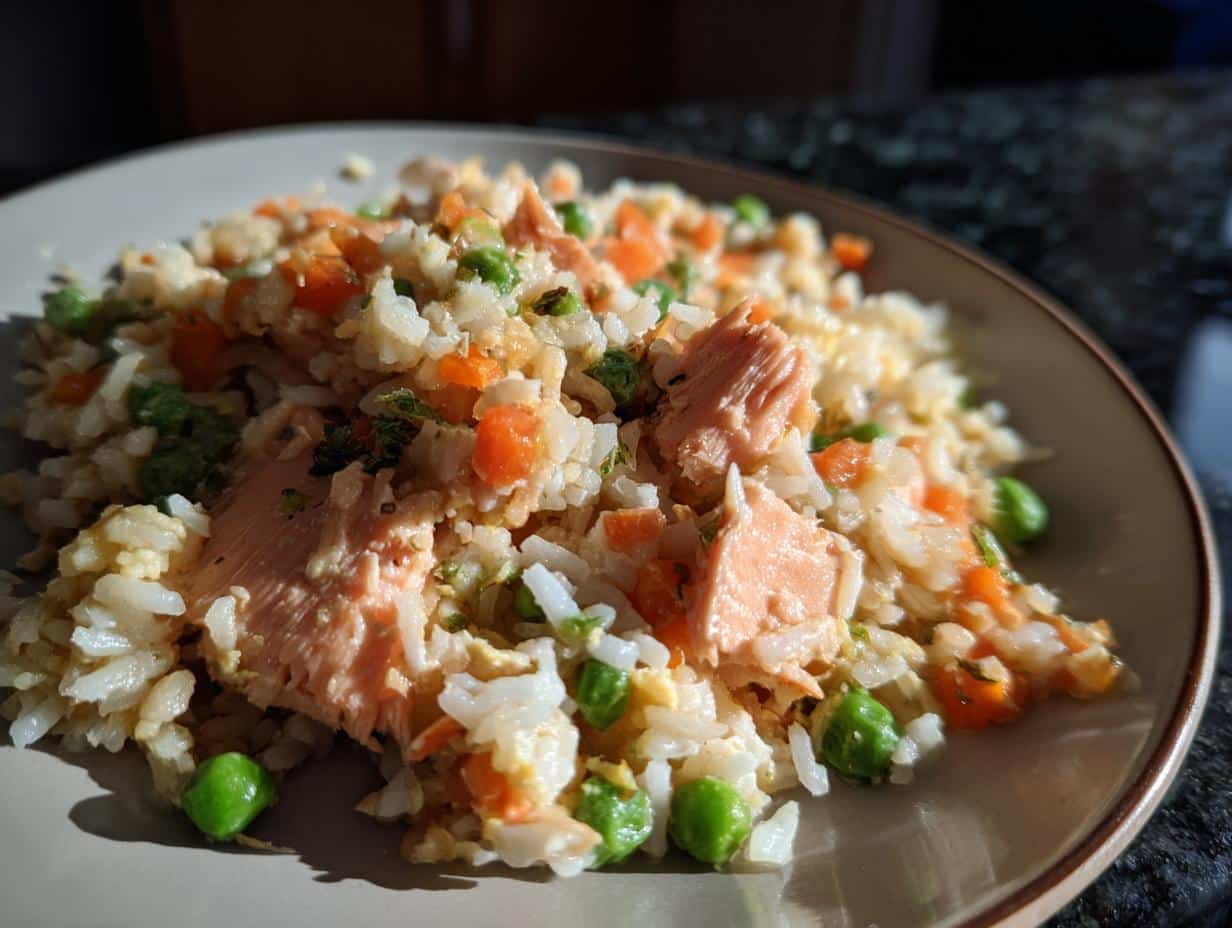 A plate of Salmon, Peas & Carrot Dog Food for Shine, featuring visible chunks of salmon, peas, and carrots mixed with rice.