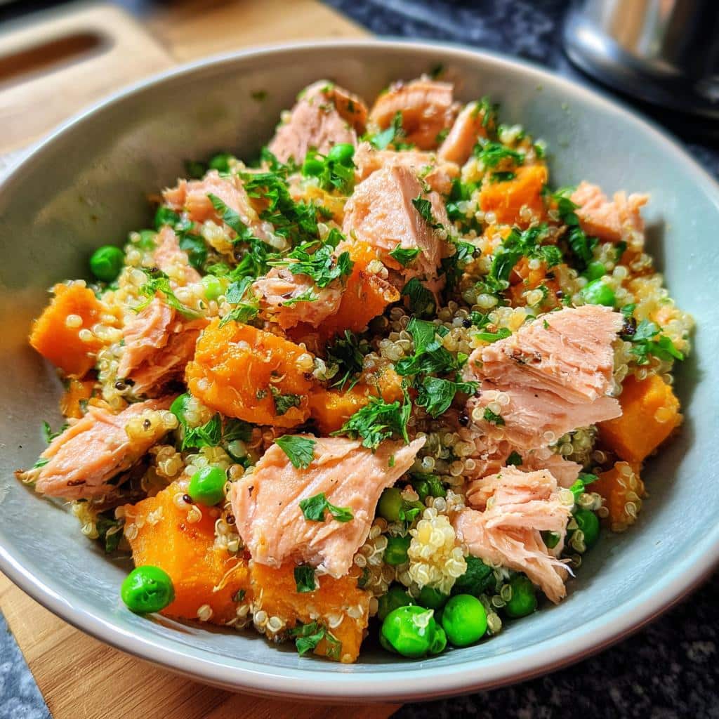 A vibrant Salmon & Quinoa Dog Energy Bowl with salmon, quinoa, peas, and sweet potato, garnished with parsley.