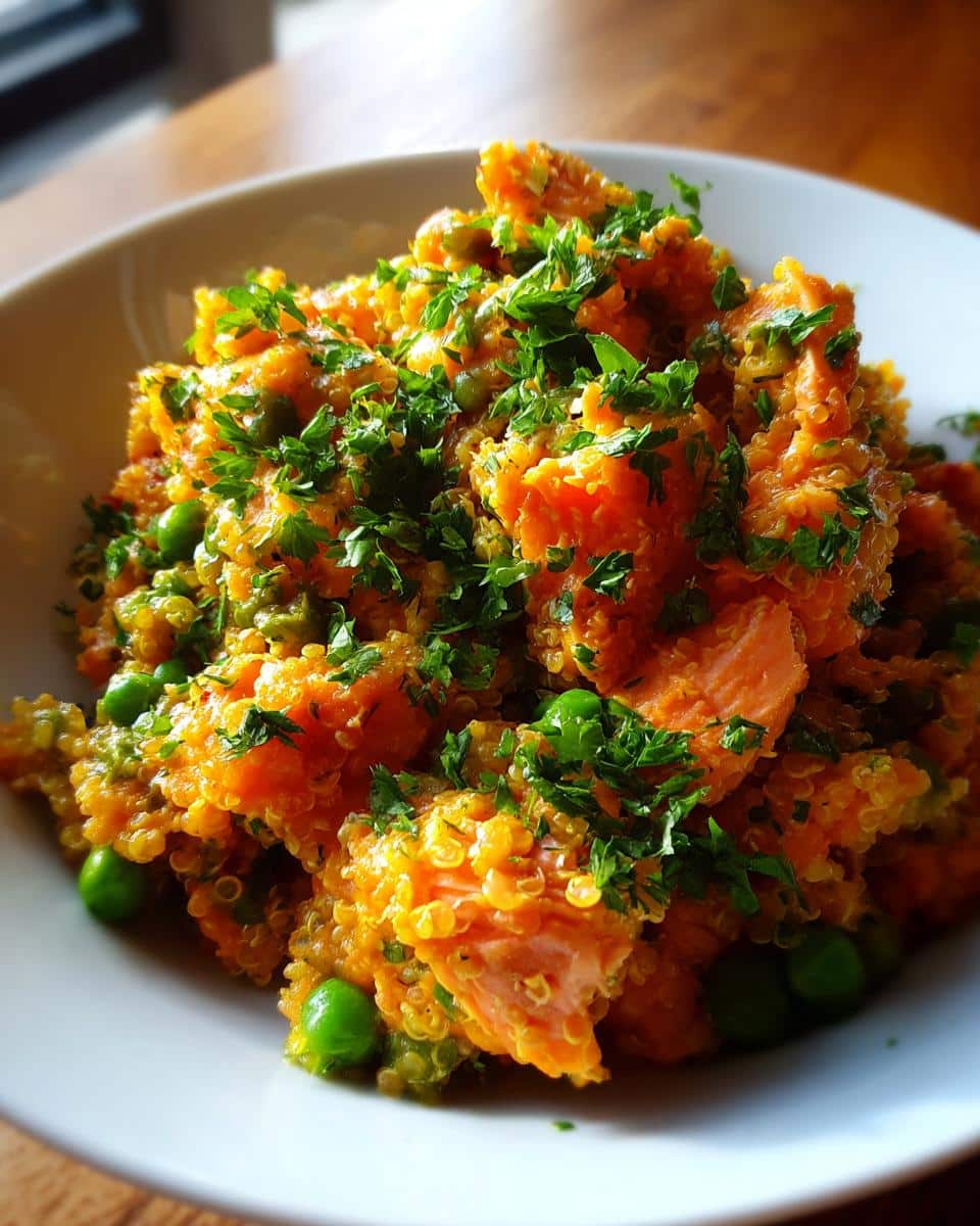 Close-up of a Salmon & Quinoa Dog Energy Bowl with peas and parsley.