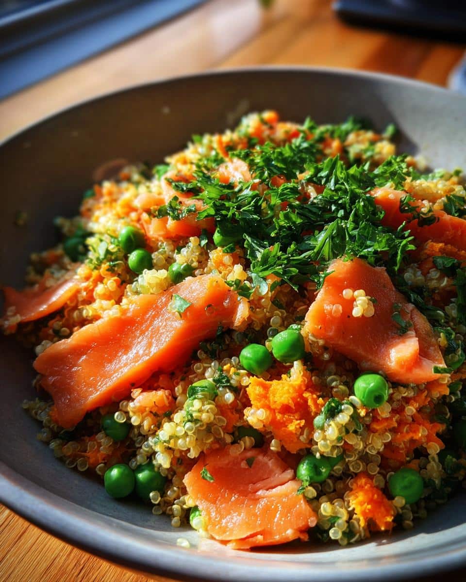 A vibrant Salmon & Quinoa Dog Energy Bowl with salmon, quinoa, peas, carrots, and parsley.