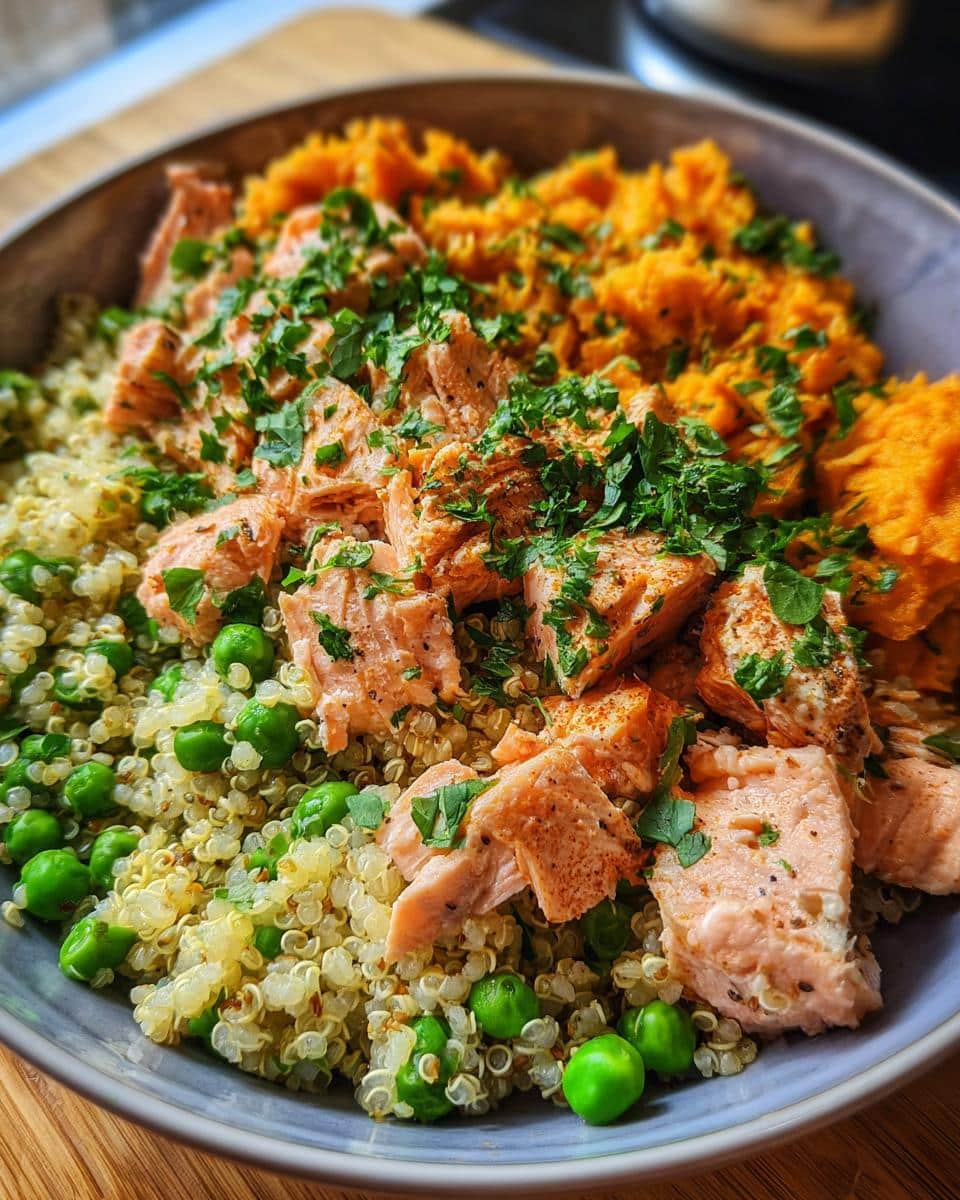Close-up of a Salmon & Quinoa Dog Energy Bowl with salmon, quinoa, peas, sweet potato, and parsley.