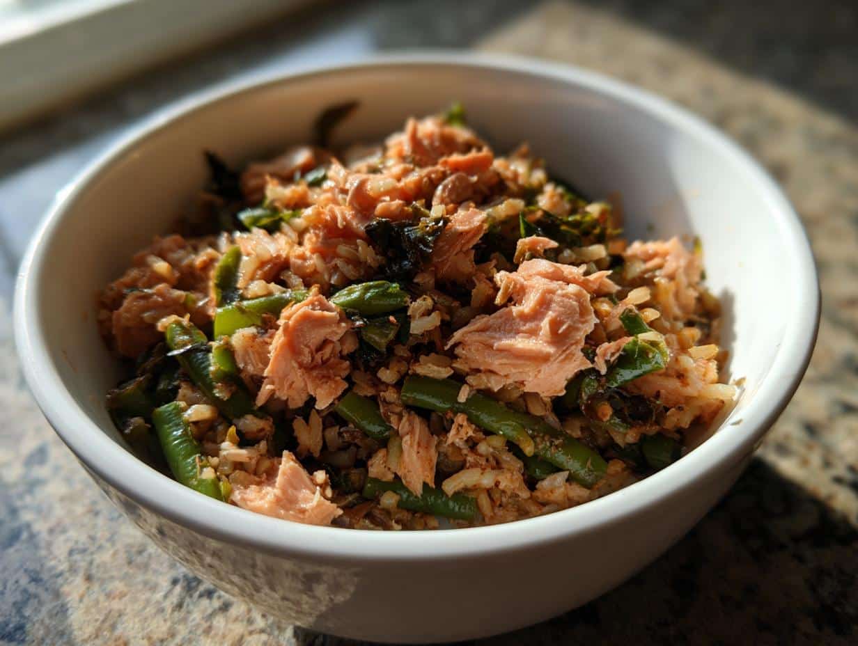 A white bowl filled with Salmon & Quinoa Dog Energy Bowl, featuring salmon, quinoa, and green beans.