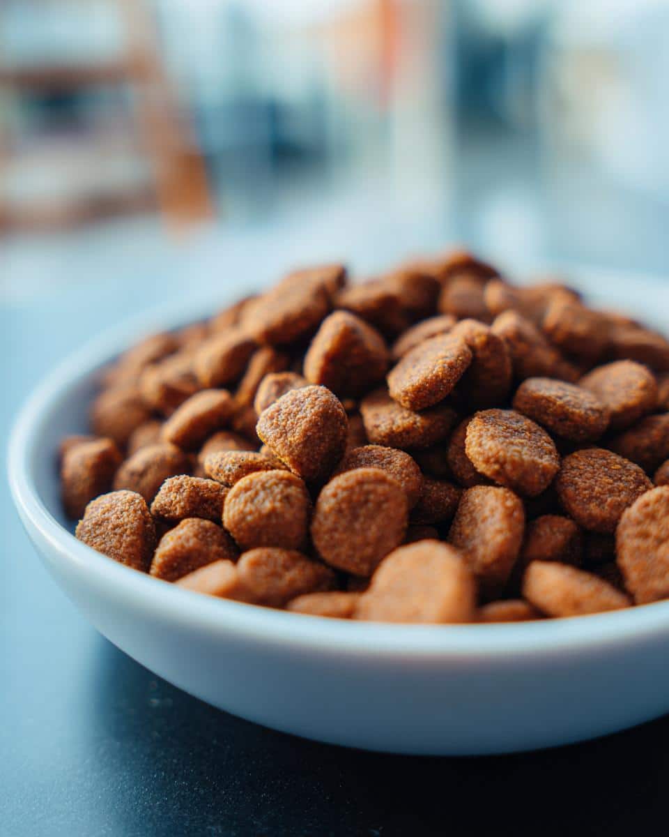 Close-up of a bowl filled with Salmon & Rice Large Breed Strength Food, showing the texture and color of the kibble.