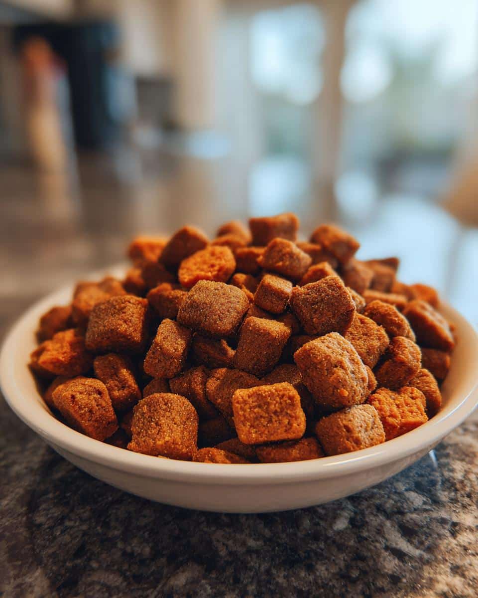 A bowl full of Salmon & Rice Large Breed Strength Food, showing the kibble texture and color.