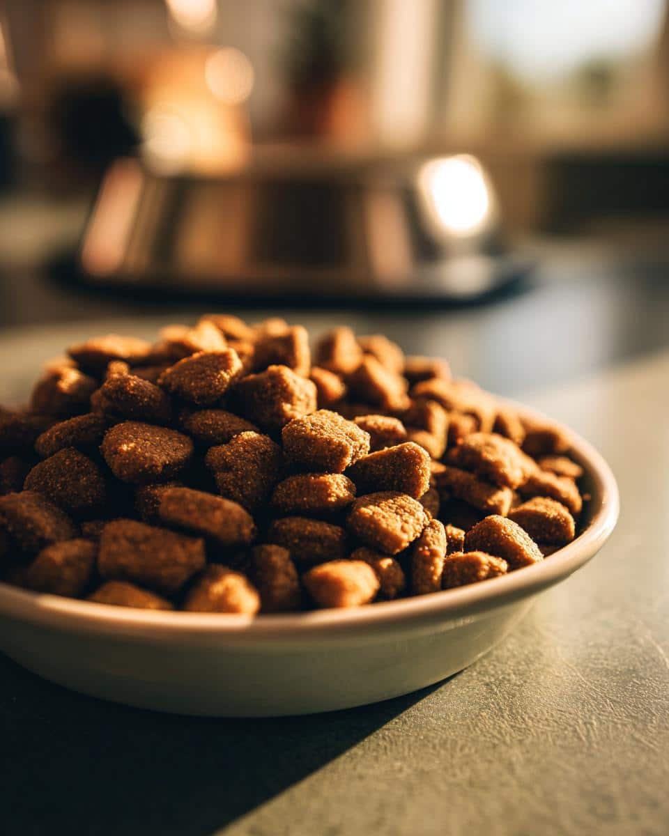 Close-up of a bowl filled with Salmon & Rice Large Breed Strength Food for dogs.